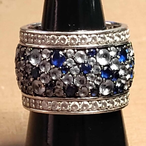 10.45CTW BLUE SAPPHIRE, BLUE & WHITE DIAMOND SIMULANTS RHODIUM size 7 - Picture 1 of 7